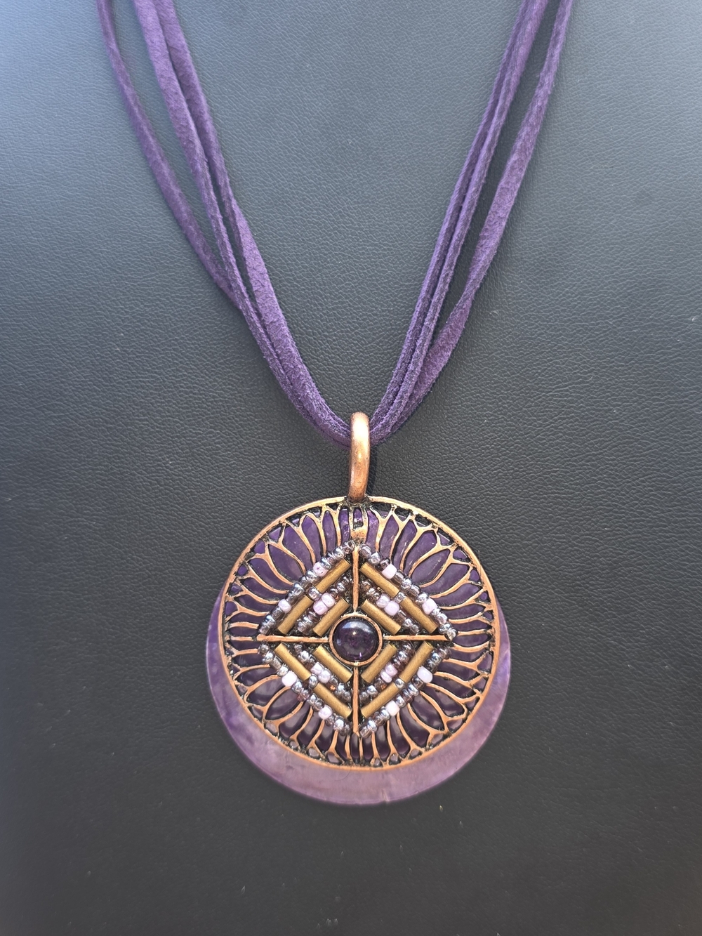 Purple Boho Copper Medallion Pendant Necklace. Shell Necklace.